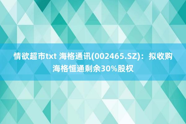 情欲超市txt 海格通讯(002465.SZ)：拟收购海格恒通剩余30%股权